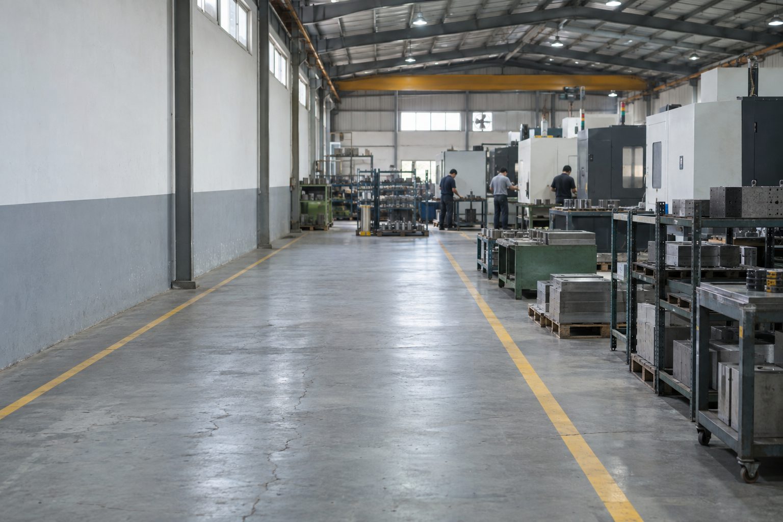 中小企業金屬加工廠內的整排機台與走道